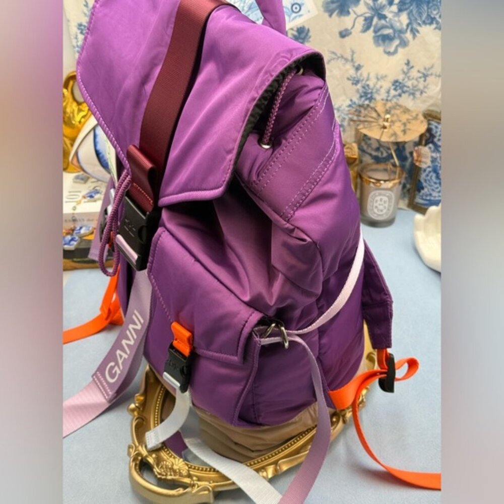 🆕 GANNI 🧿 NWT Recycled Tech Backpack, Purple Wine & Orange, Baby Blue - Picture 6 of 13